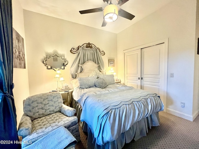 bedroom featuring carpet, ceiling fan, and a closet