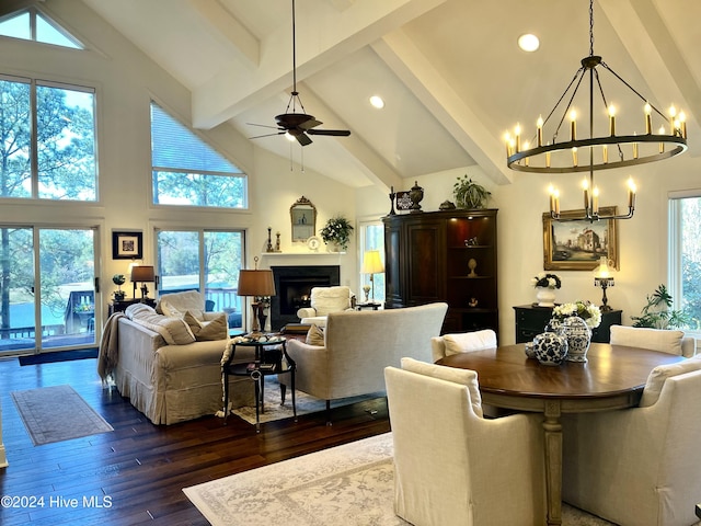 dining space featuring ceiling fan with notable chandelier, beam ceiling, dark hardwood / wood-style flooring, and high vaulted ceiling