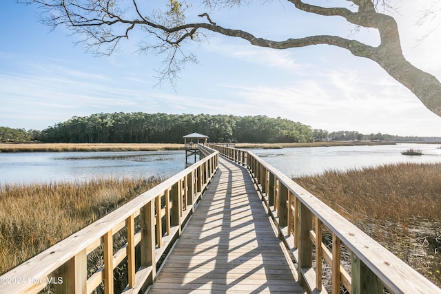 view of dock with a water view