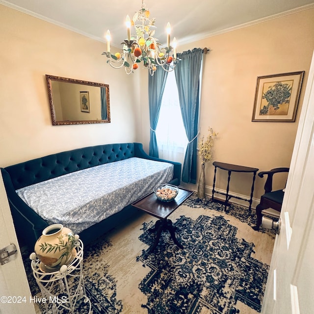 interior space with breakfast area, ornamental molding, and a chandelier