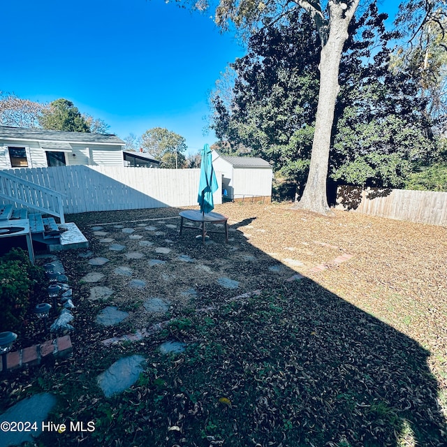 view of yard featuring a storage unit