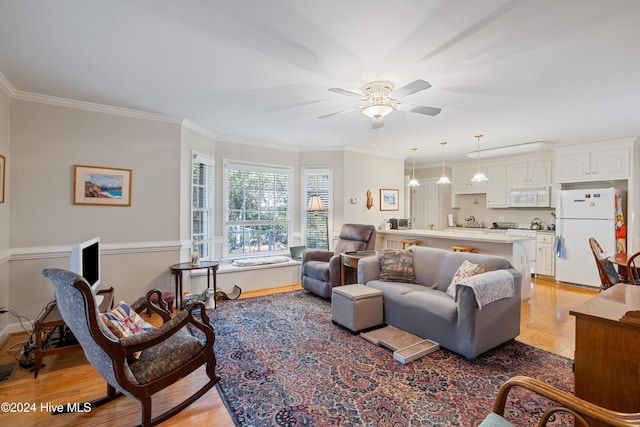 living room with light hardwood / wood-style flooring, ceiling fan, and ornamental molding