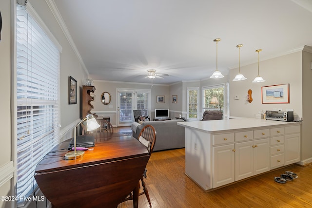 kitchen with ornamental molding, ceiling fan, pendant lighting, light hardwood / wood-style flooring, and white cabinetry