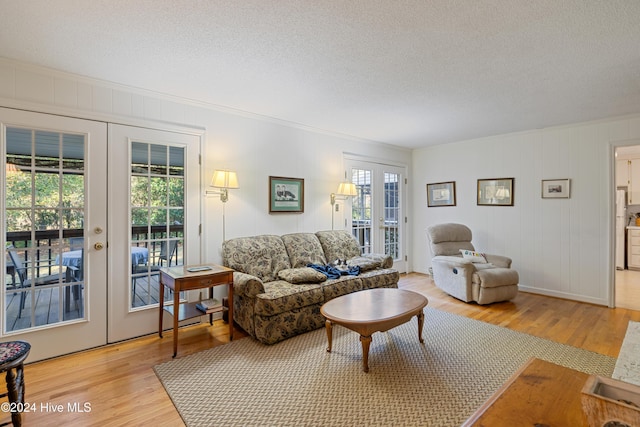 living room with light hardwood / wood-style flooring, a wealth of natural light, and french doors