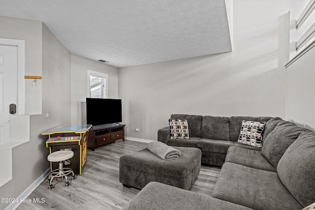 living room featuring wood-type flooring and a textured ceiling