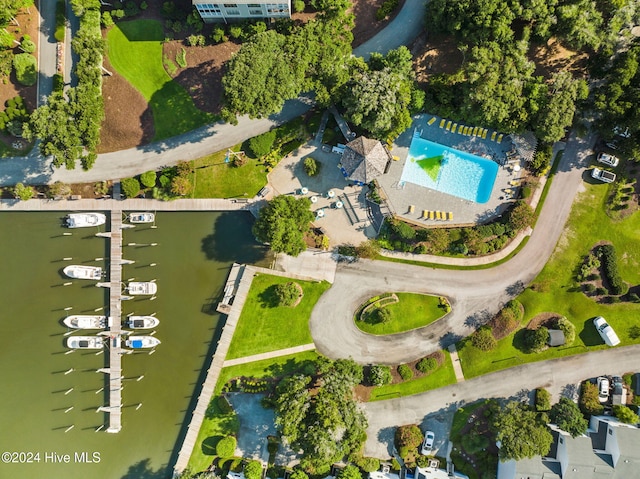 aerial view featuring a water view