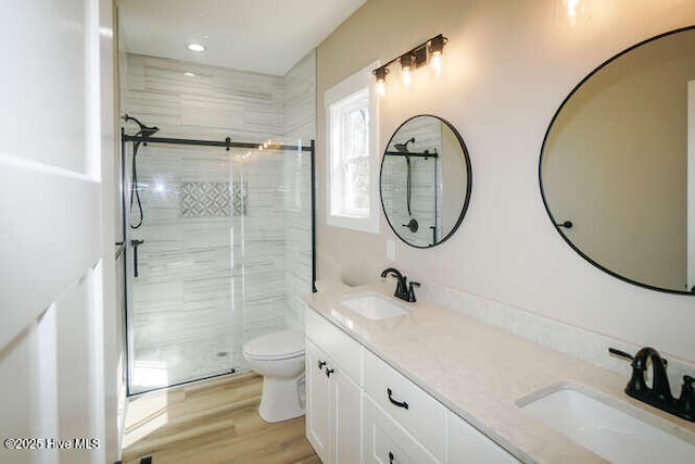 full bathroom featuring a shower stall, toilet, wood finished floors, and a sink