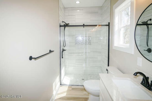 full bath featuring a shower stall, toilet, and vanity