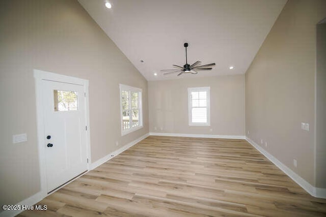 entrance foyer with light wood-style flooring, recessed lighting, baseboards, and ceiling fan