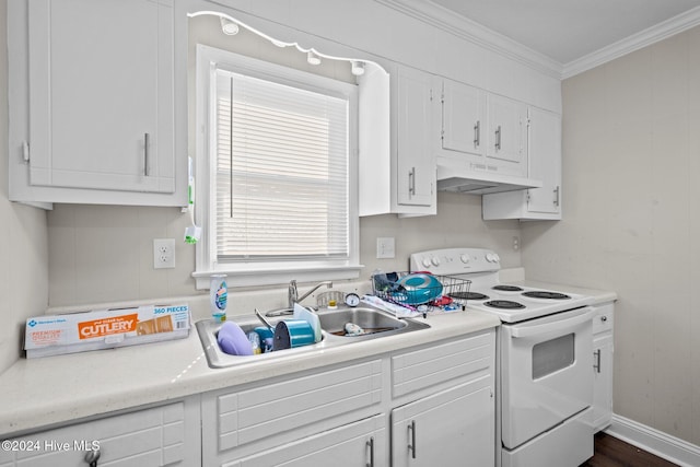 kitchen featuring white cabinets, sink, electric range, dark hardwood / wood-style floors, and ornamental molding