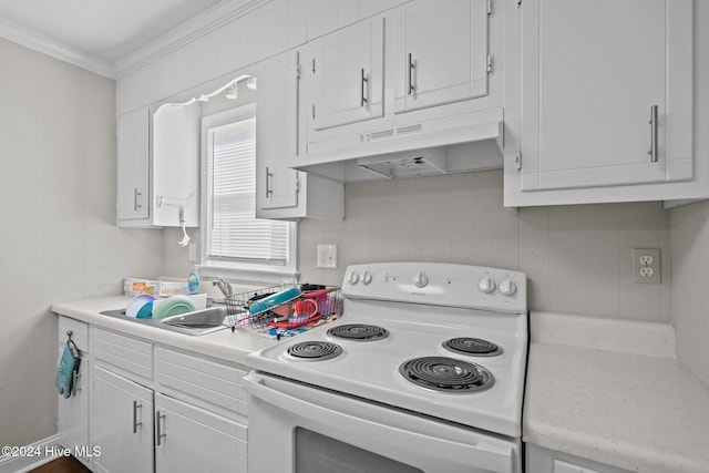 kitchen featuring white cabinets, sink, electric stove, and crown molding