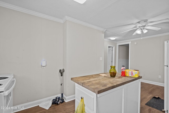 kitchen with white range with electric cooktop, wood counters, white cabinetry, and dark wood-type flooring