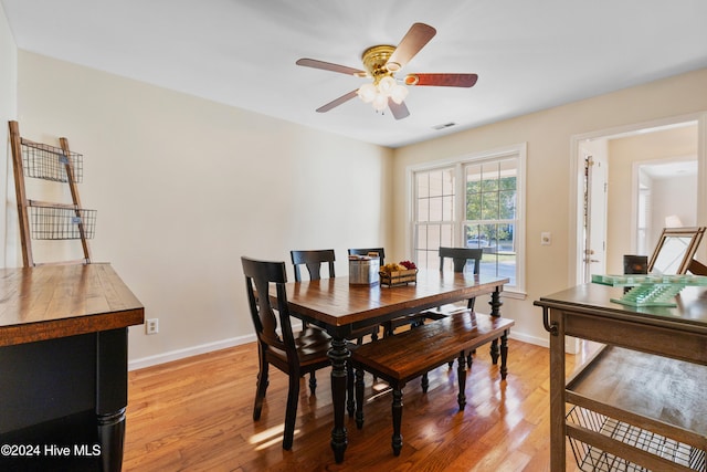 dining room with light hardwood / wood-style floors and ceiling fan