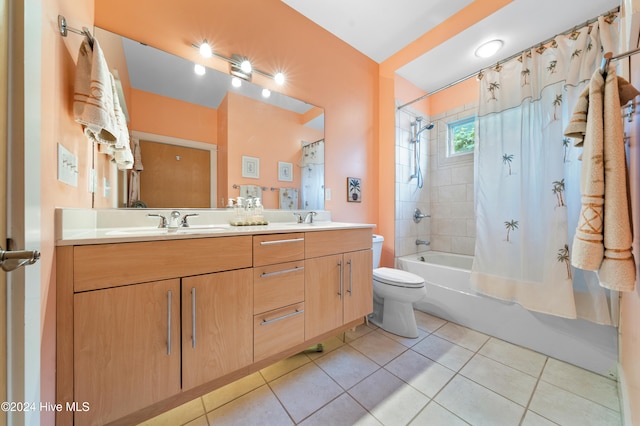 full bathroom featuring tile patterned flooring, vanity, shower / bath combination with curtain, and toilet