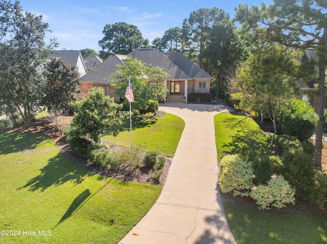 view of front of home featuring driveway, a front yard, and roof with shingles