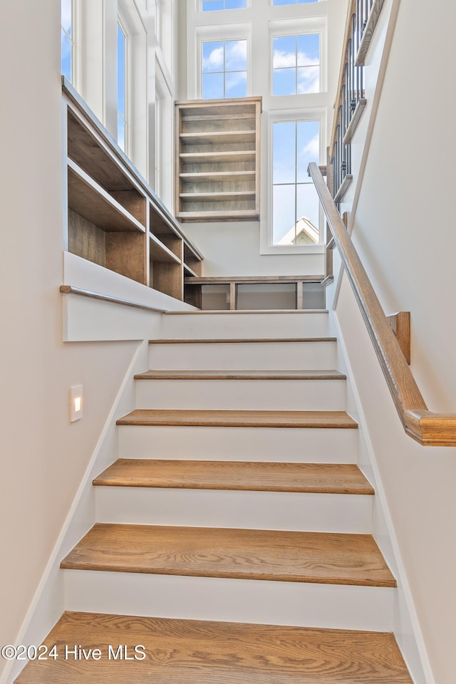 staircase with hardwood / wood-style floors