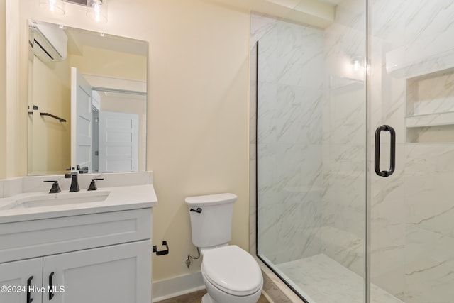 bathroom with toilet, an enclosed shower, an AC wall unit, and vanity