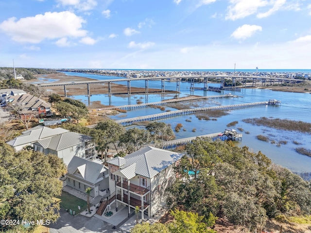 drone / aerial view featuring a water view