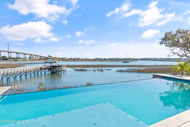 view of pool featuring a water view