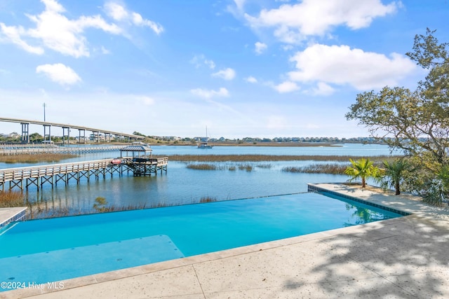 view of pool with a water view