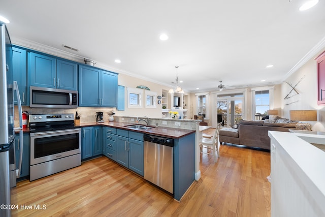 kitchen featuring kitchen peninsula, appliances with stainless steel finishes, blue cabinetry, and sink