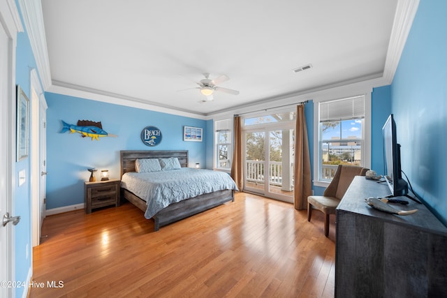 bedroom featuring access to exterior, ceiling fan, wood-type flooring, and ornamental molding