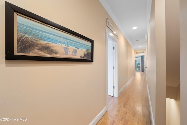 hallway with light hardwood / wood-style floors and ornamental molding