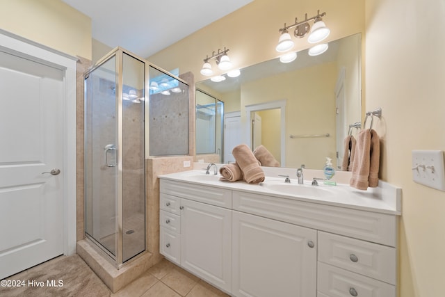 bathroom featuring tile patterned flooring, vanity, and an enclosed shower