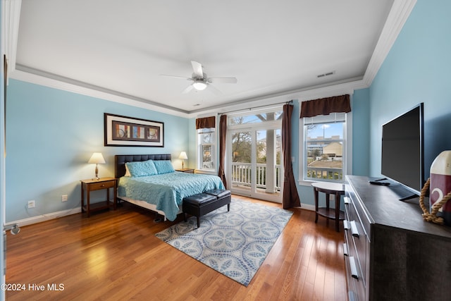 bedroom featuring access to exterior, ceiling fan, crown molding, and hardwood / wood-style flooring