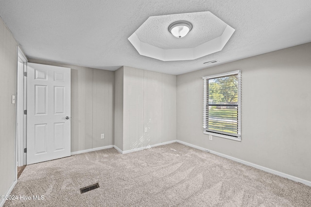 empty room featuring a raised ceiling, a textured ceiling, and light carpet