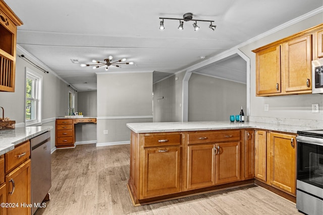 kitchen with kitchen peninsula, light stone counters, stainless steel appliances, crown molding, and light hardwood / wood-style floors