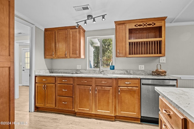 kitchen with dishwasher, sink, ornamental molding, light hardwood / wood-style floors, and light stone counters