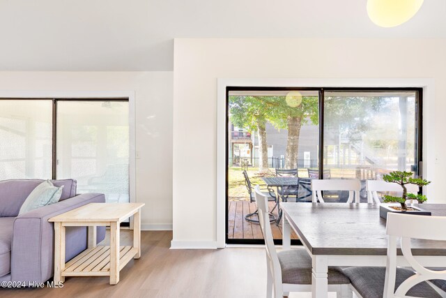 dining space featuring a wealth of natural light and light hardwood / wood-style flooring