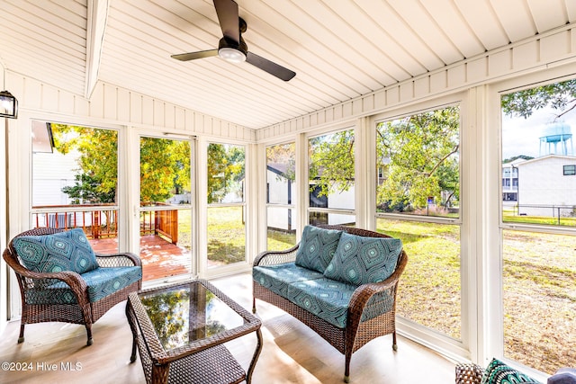 sunroom / solarium with plenty of natural light, wood ceiling, and lofted ceiling