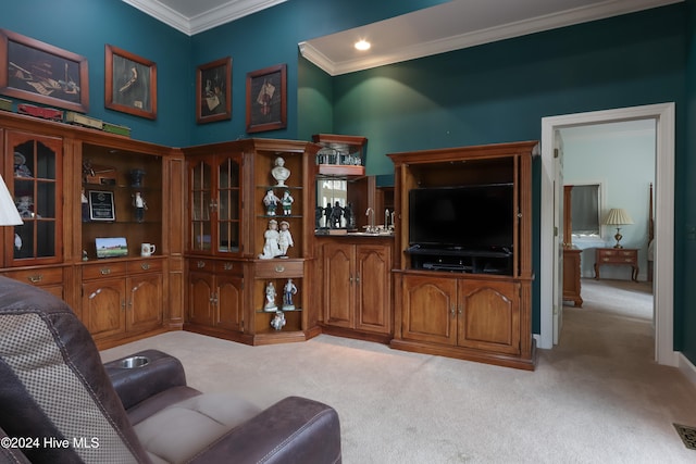 living room with light carpet and crown molding