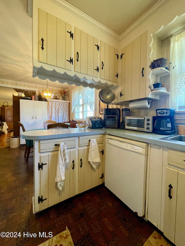 kitchen featuring dishwasher, white cabinets, kitchen peninsula, and crown molding