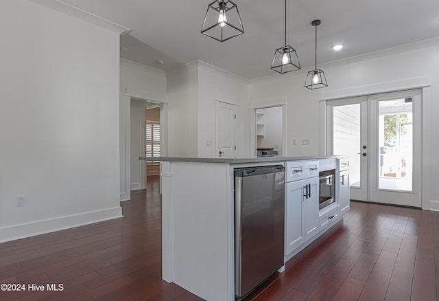 kitchen featuring dark wood-type flooring, french doors, white cabinets, an island with sink, and decorative light fixtures