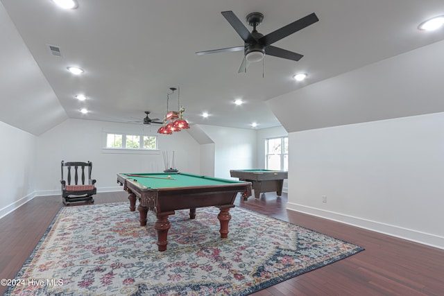 game room with ceiling fan, dark wood-type flooring, lofted ceiling, and pool table