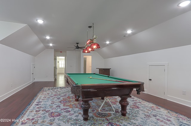 playroom with dark hardwood / wood-style floors, ceiling fan, lofted ceiling, and billiards