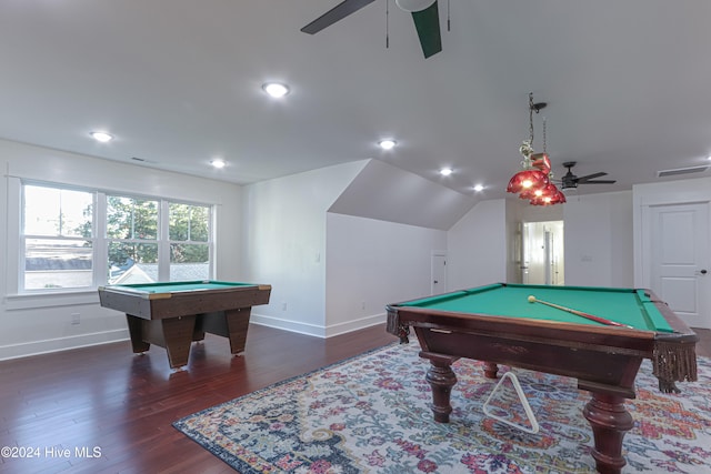 recreation room featuring dark hardwood / wood-style flooring, ceiling fan, lofted ceiling, and pool table