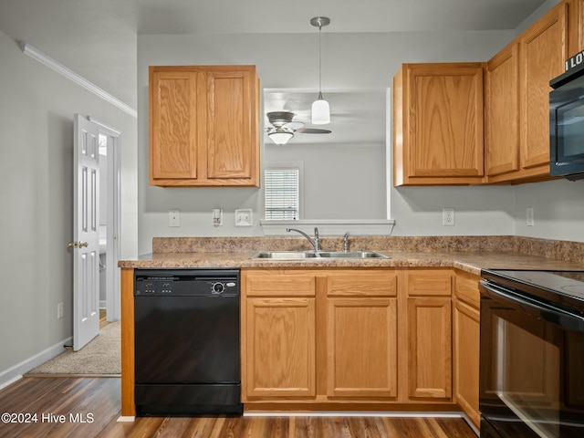 kitchen with black appliances, sink, hardwood / wood-style flooring, ceiling fan, and decorative light fixtures