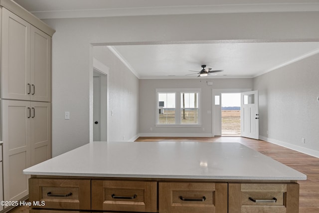 kitchen with a kitchen island, a ceiling fan, open floor plan, ornamental molding, and light wood-type flooring