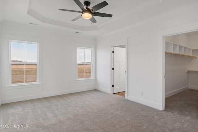 unfurnished bedroom with carpet floors, a raised ceiling, multiple windows, and a spacious closet