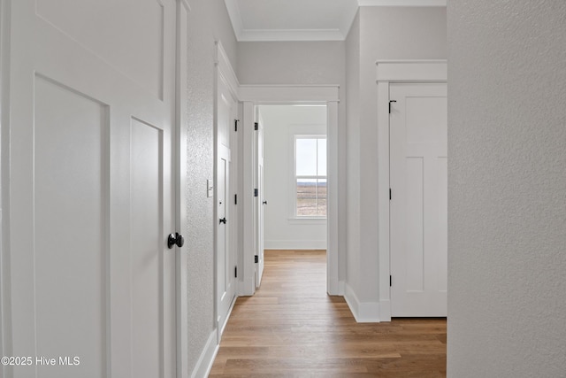 hall with ornamental molding, a textured wall, baseboards, and wood finished floors