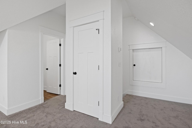 additional living space featuring carpet, lofted ceiling, and baseboards