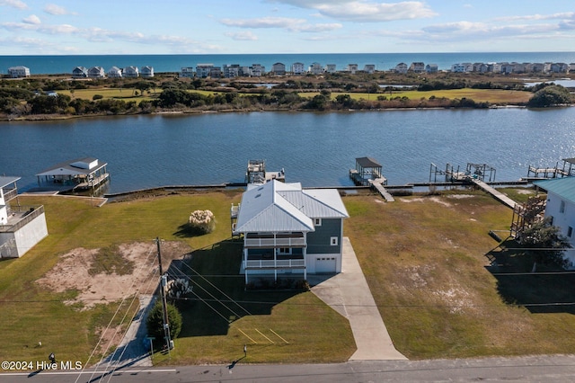 drone / aerial view featuring a water view