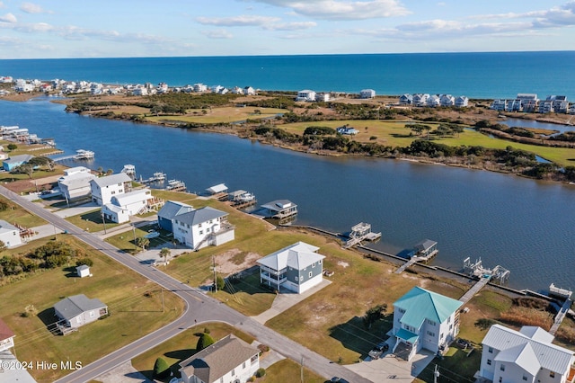 drone / aerial view featuring a water view