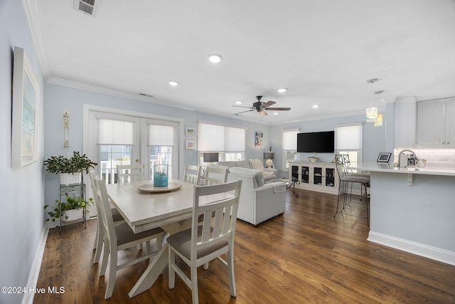 209 Hillside Dr N Unit 201, North Myrtle Beach, SC 29582 - dining room featuring ornamental molding, a ceiling fan, recessed lighting, dark wood-style flooring, and french doors