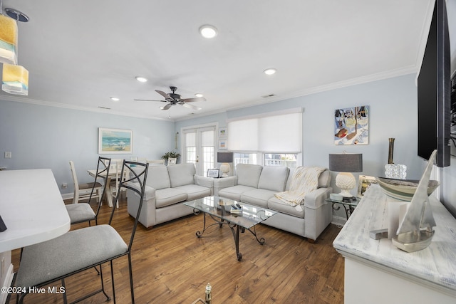 209 Hillside Dr N Unit 201, North Myrtle Beach, SC 29582 - living room featuring ornamental molding, recessed lighting, dark wood finished floors, and ceiling fan