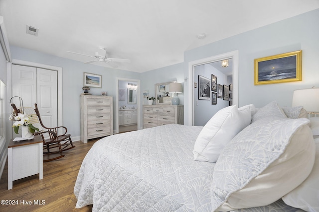 209 Hillside Dr N Unit 201, North Myrtle Beach, SC 29582 - bedroom featuring dark wood finished floors, connected bathroom, and ceiling fan